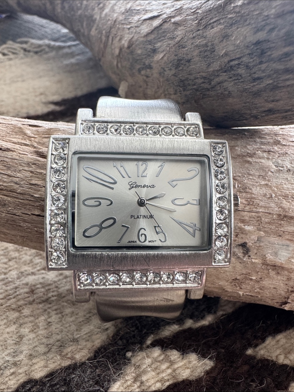 Geneva Silver-Tone Rectangular Crystal Cuff Watch